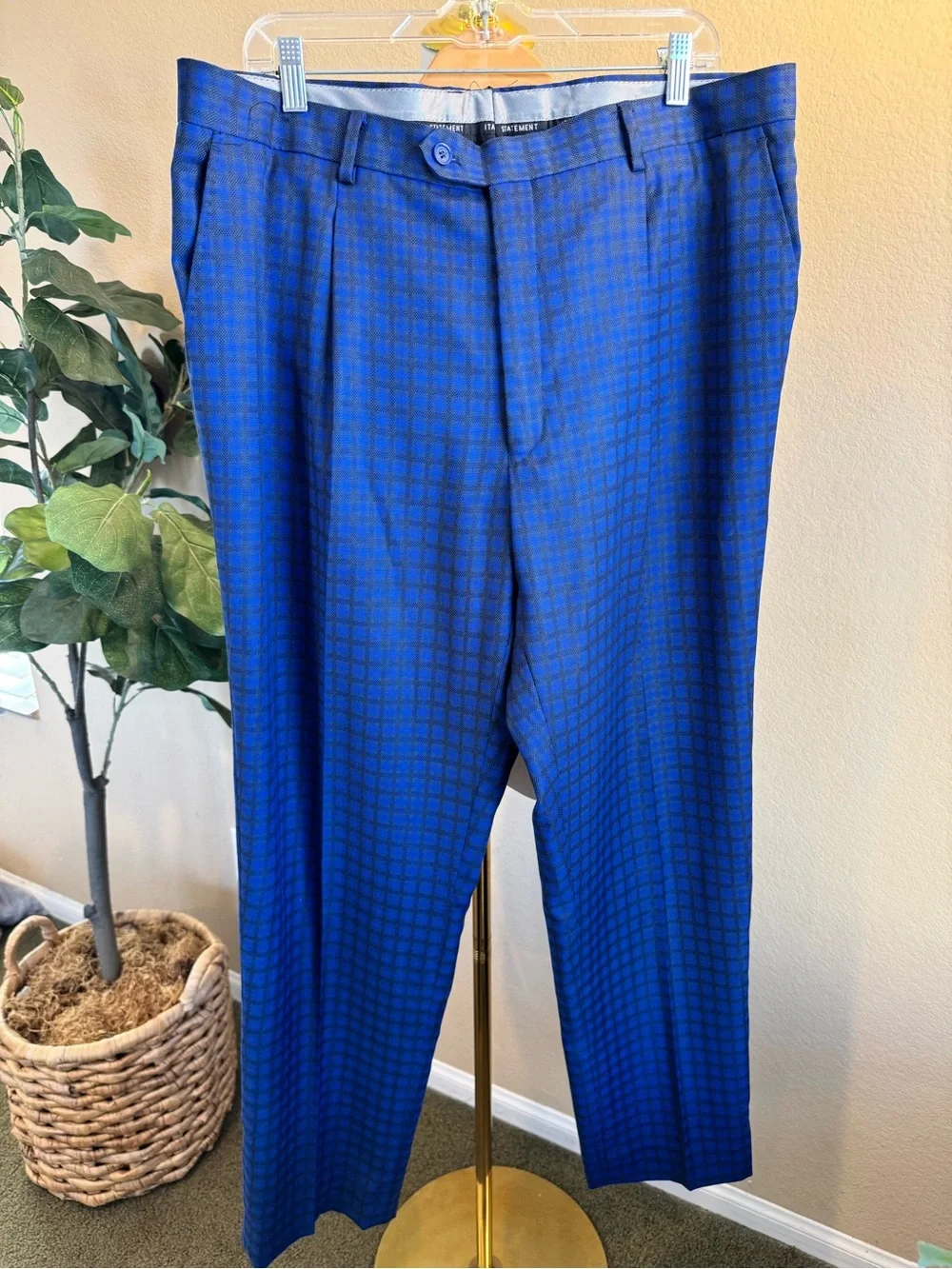 Statement Italy Mens 3‑Piece Suit - 44L Jacket/Vest, 40R Pants - Blue Check Wool